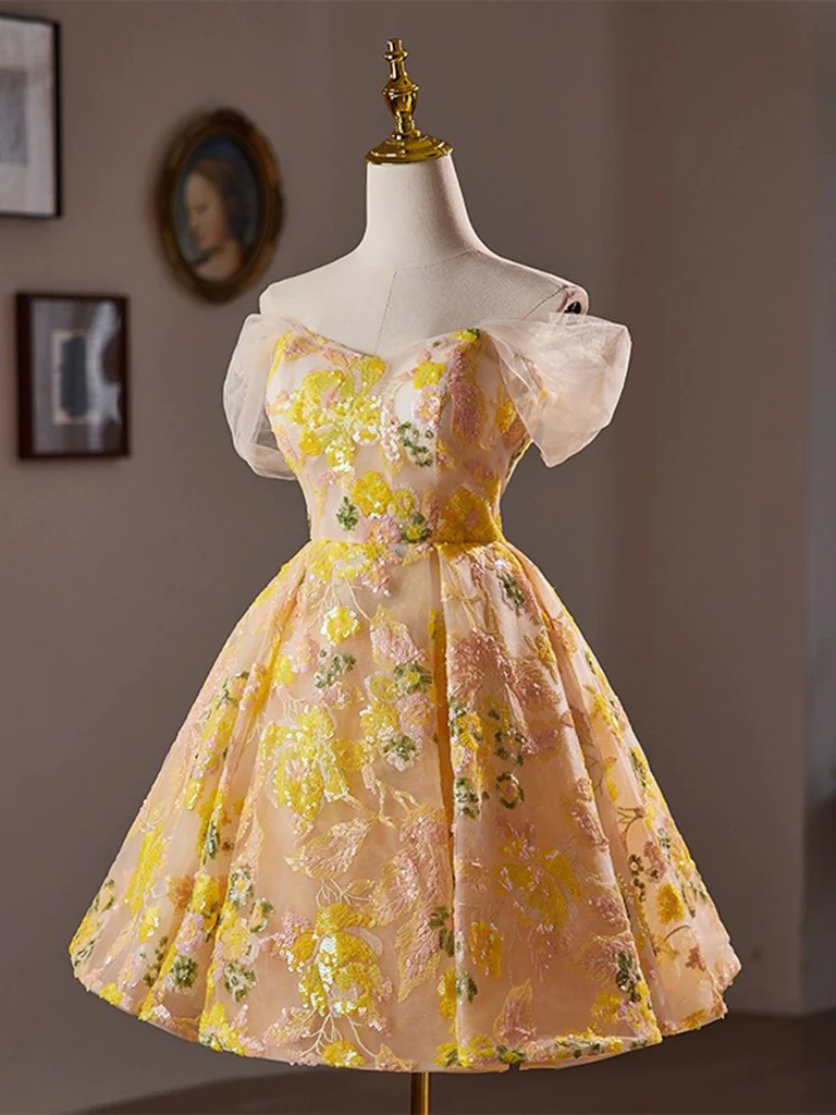 A-Line Off Shoulder Lace Yellow Short Prom Dress, Yellow Homecoming Dress Homecoming Dress BabaMila