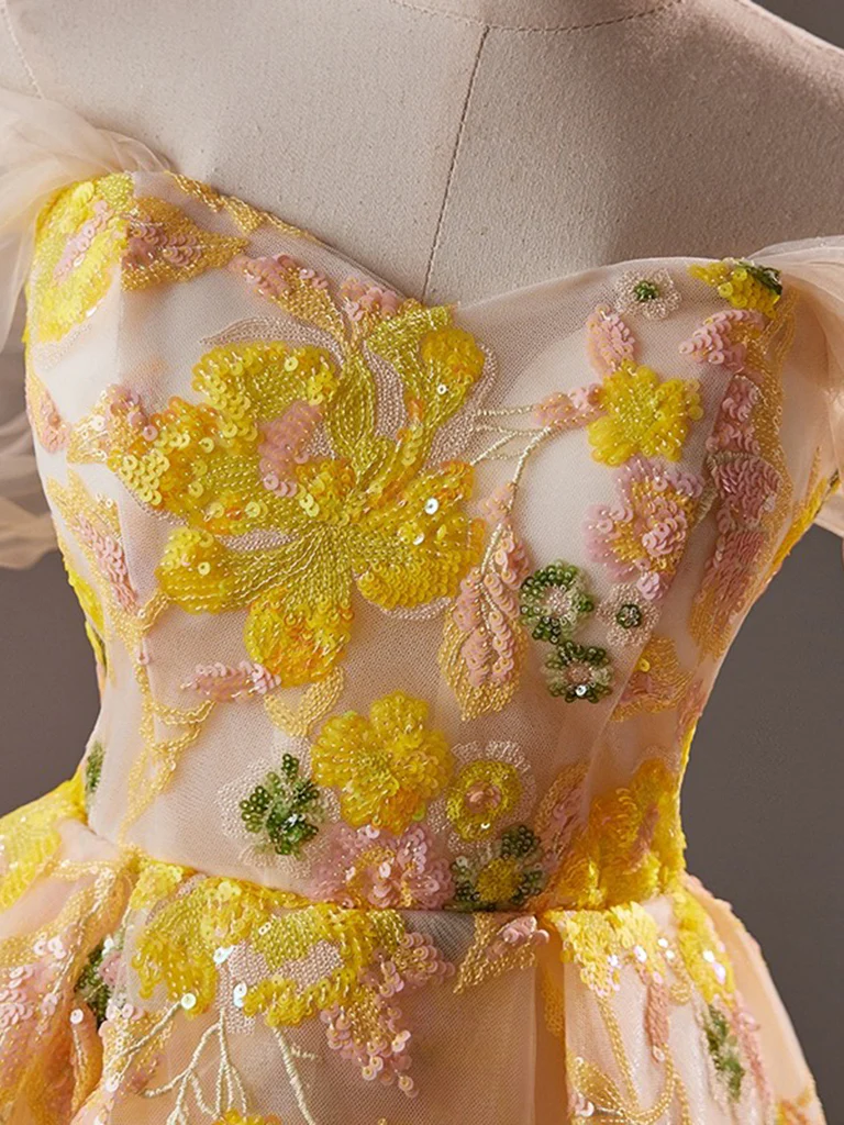 A-Line Off Shoulder Lace Yellow Short Prom Dress, Yellow Homecoming Dress Homecoming Dress BabaMila