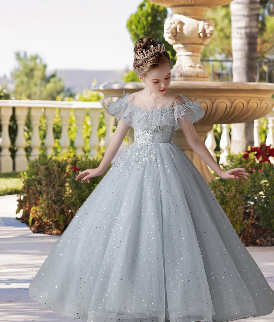 Exquisite Scoop Neck Cold Shoulder Floor-Length Lace/Printed Tulle Ball Gown/Princess With Ruffled Hem/Appliques Gidiondress