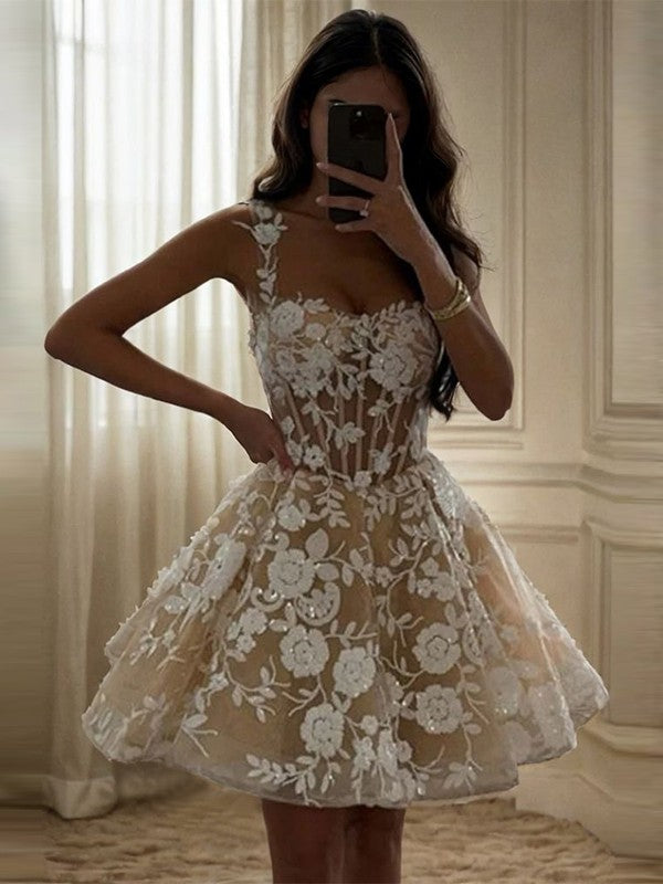 A-line Straps Sequin Short/Mini Lace Corset Dress Homecoming Dress BabaMila