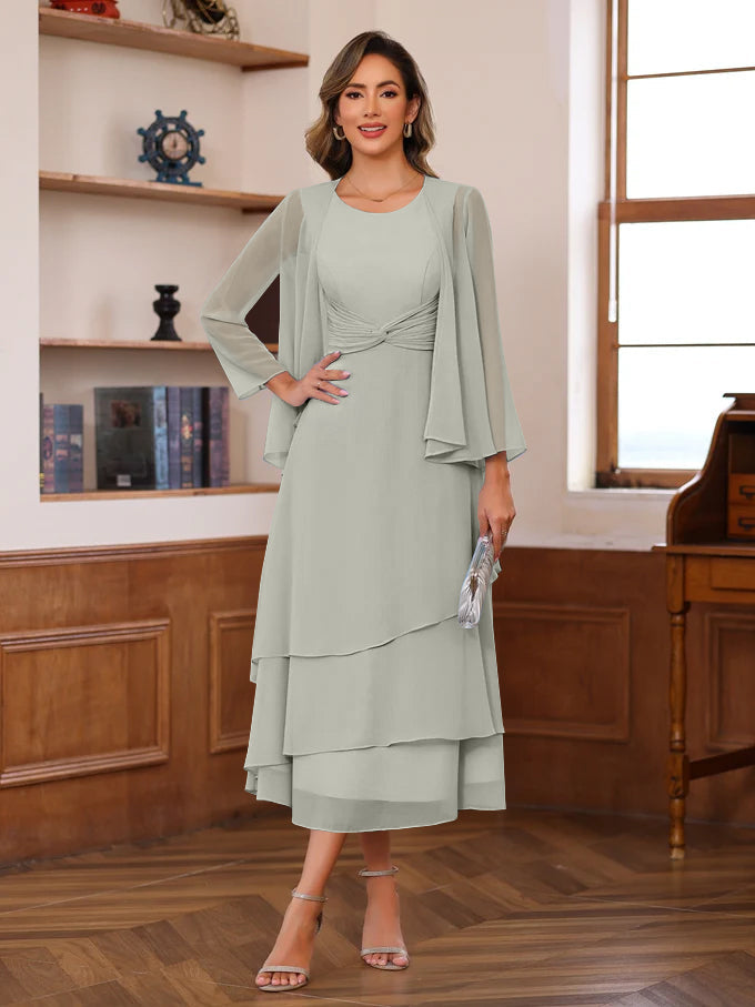 A-Line/Princess Scoop Neck 2 Pcs Tea-Length Mother Of The Bride Dresses With Ruffles & Jacket BabaMila