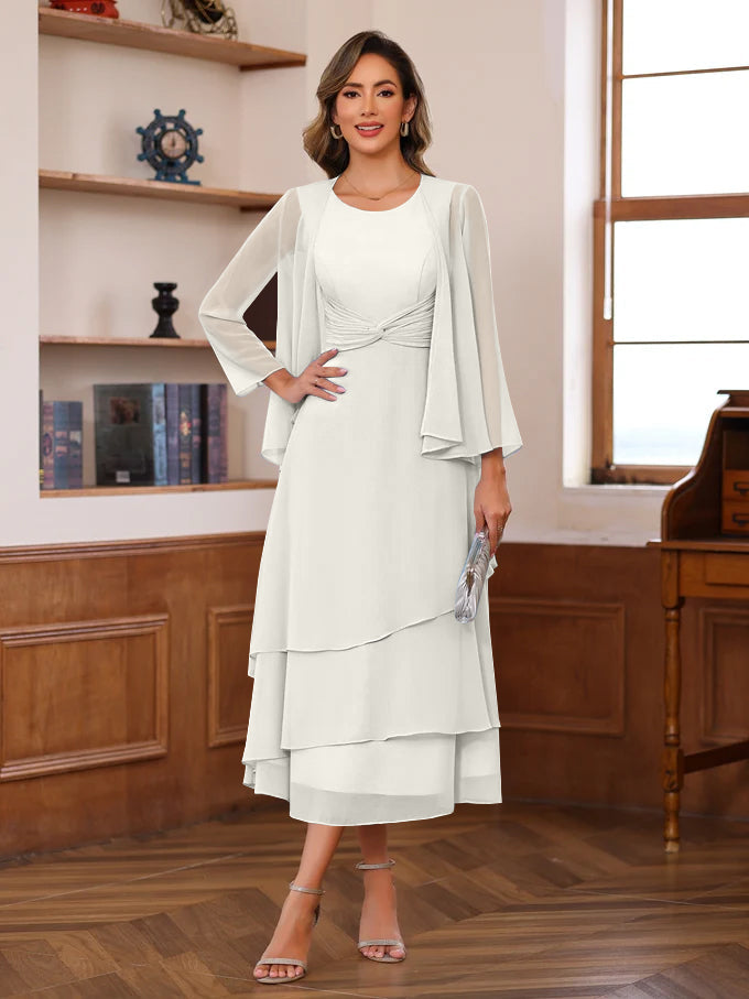 A-Line/Princess Scoop Neck 2 Pcs Tea-Length Mother Of The Bride Dresses With Ruffles & Jacket BabaMila