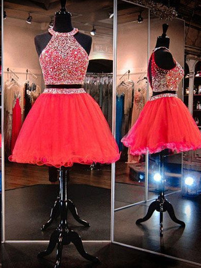 Two Piece Homecoming Dresses A-line Beading Sparkly Short Prom Dress Red Party Dress Homecoming Dress BabaMila