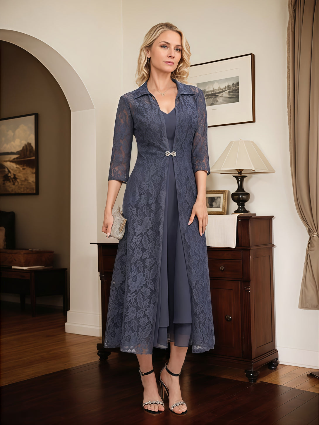 V-Neck A-Line Illusion 3/4 Sleeve Tea-Length Chiffon/Lace Mother of the Bride Dress With Lace Jacket/Beads BabaMila