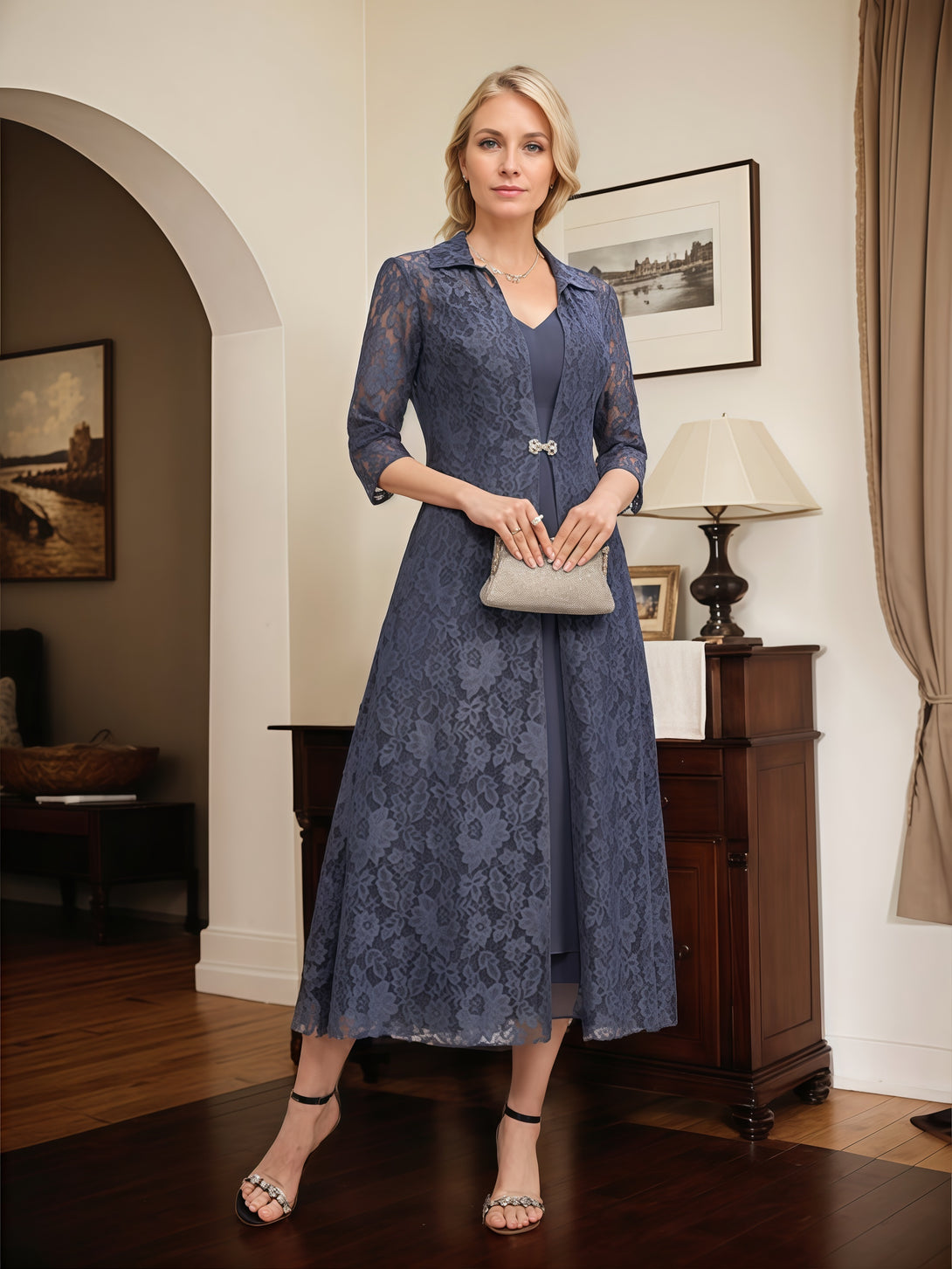 V-Neck A-Line Illusion 3/4 Sleeve Tea-Length Chiffon/Lace Mother of the Bride Dress With Lace Jacket/Beads BabaMila
