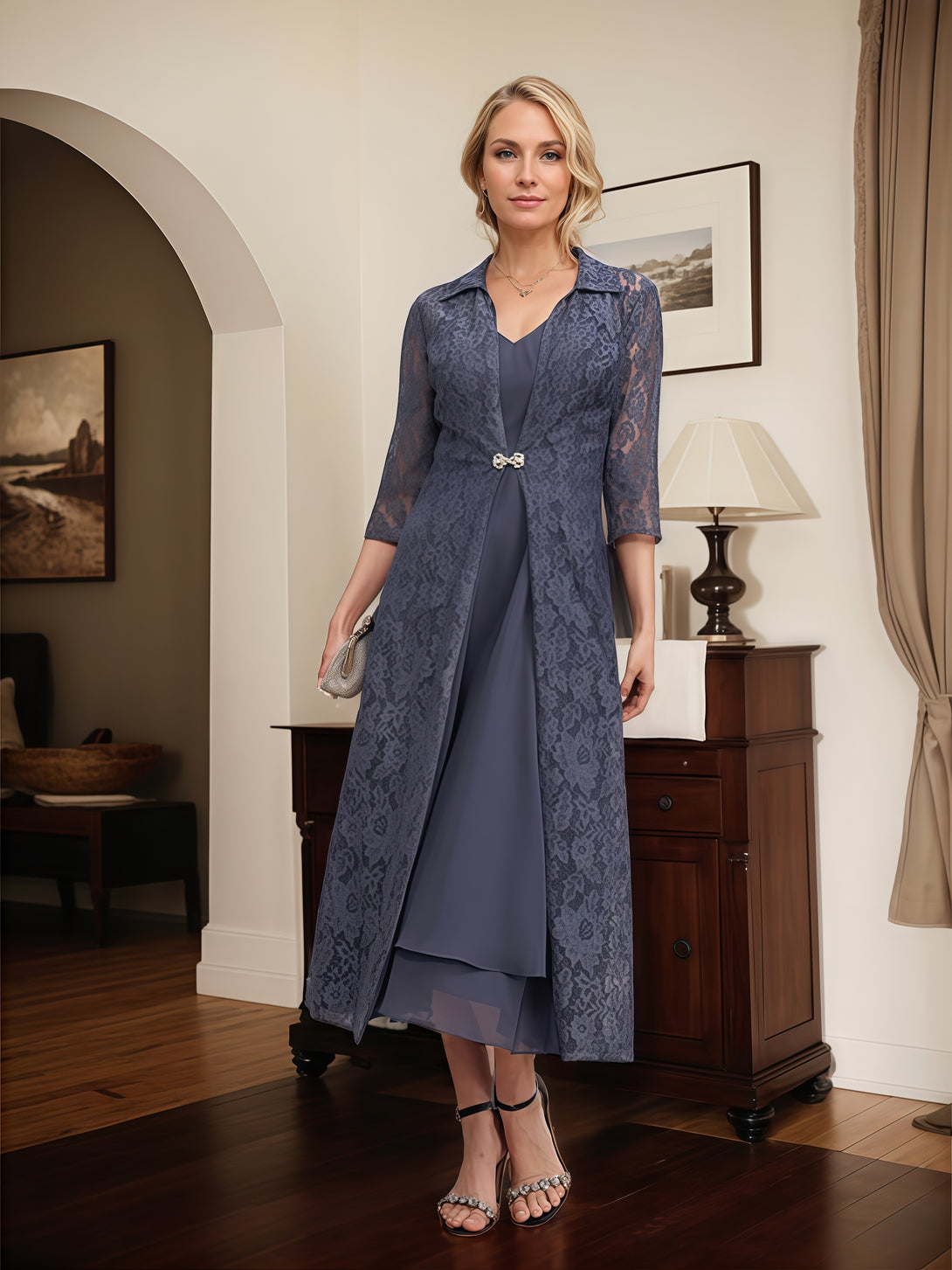 V-Neck A-Line Illusion 3/4 Sleeve Tea-Length Chiffon/Lace Mother of the Bride Dress With Lace Jacket/Beads BabaMila