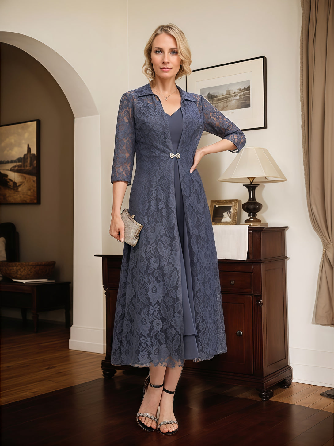 V-Neck A-Line Illusion 3/4 Sleeve Tea-Length Chiffon/Lace Mother of the Bride Dress With Lace Jacket/Beads BabaMila