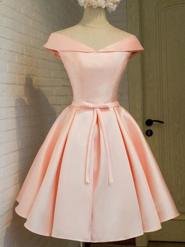 A-Line Off-the-Shoulder Sleeveless Satin Homecoming Dresses with Sash/Ribbon/Belt BabaMila