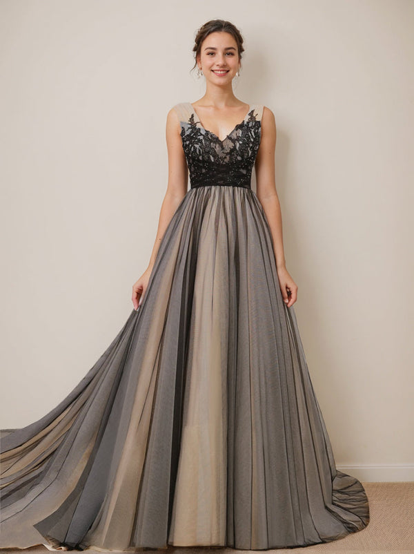 Ball Gown Tulle V-Neck Sleeveless Wedding Dresses with Appliques/Beading BabaMila