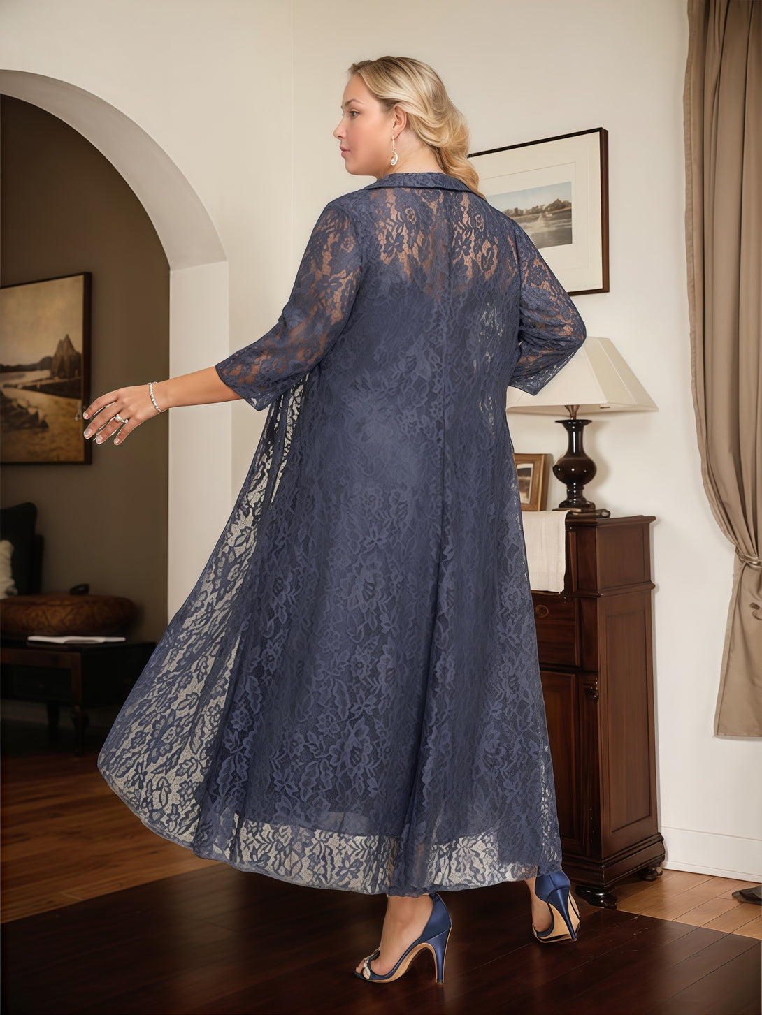 V-Neck A-Line Illusion 3/4 Sleeve Tea-Length Chiffon/Lace Mother of the Bride Dress With Lace Jacket/Beads BabaMila
