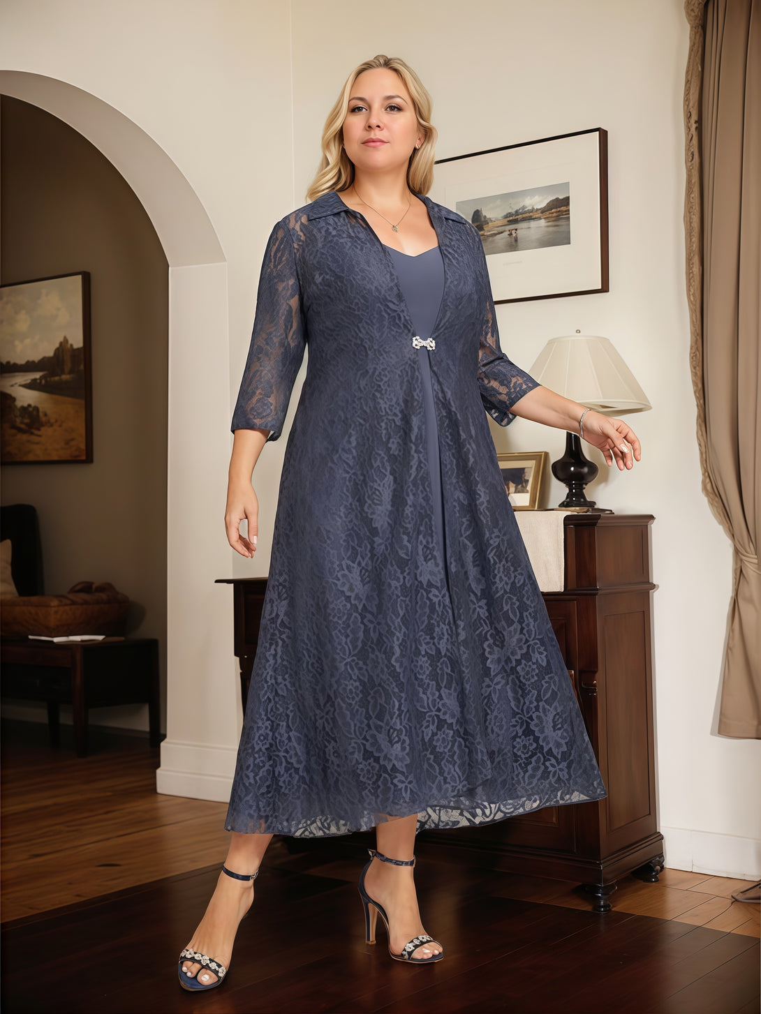 V-Neck A-Line Illusion 3/4 Sleeve Tea-Length Chiffon/Lace Mother of the Bride Dress With Lace Jacket/Beads BabaMila