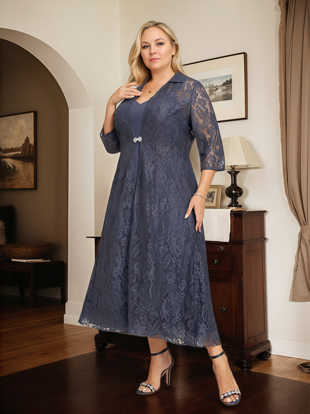V-Neck A-Line Illusion 3/4 Sleeve Tea-Length Chiffon/Lace Mother of the Bride Dress With Lace Jacket/Beads BabaMila
