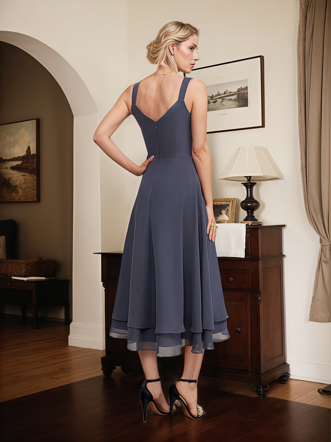 V-Neck A-Line Illusion 3/4 Sleeve Tea-Length Chiffon/Lace Mother of the Bride Dress With Lace Jacket/Beads BabaMila