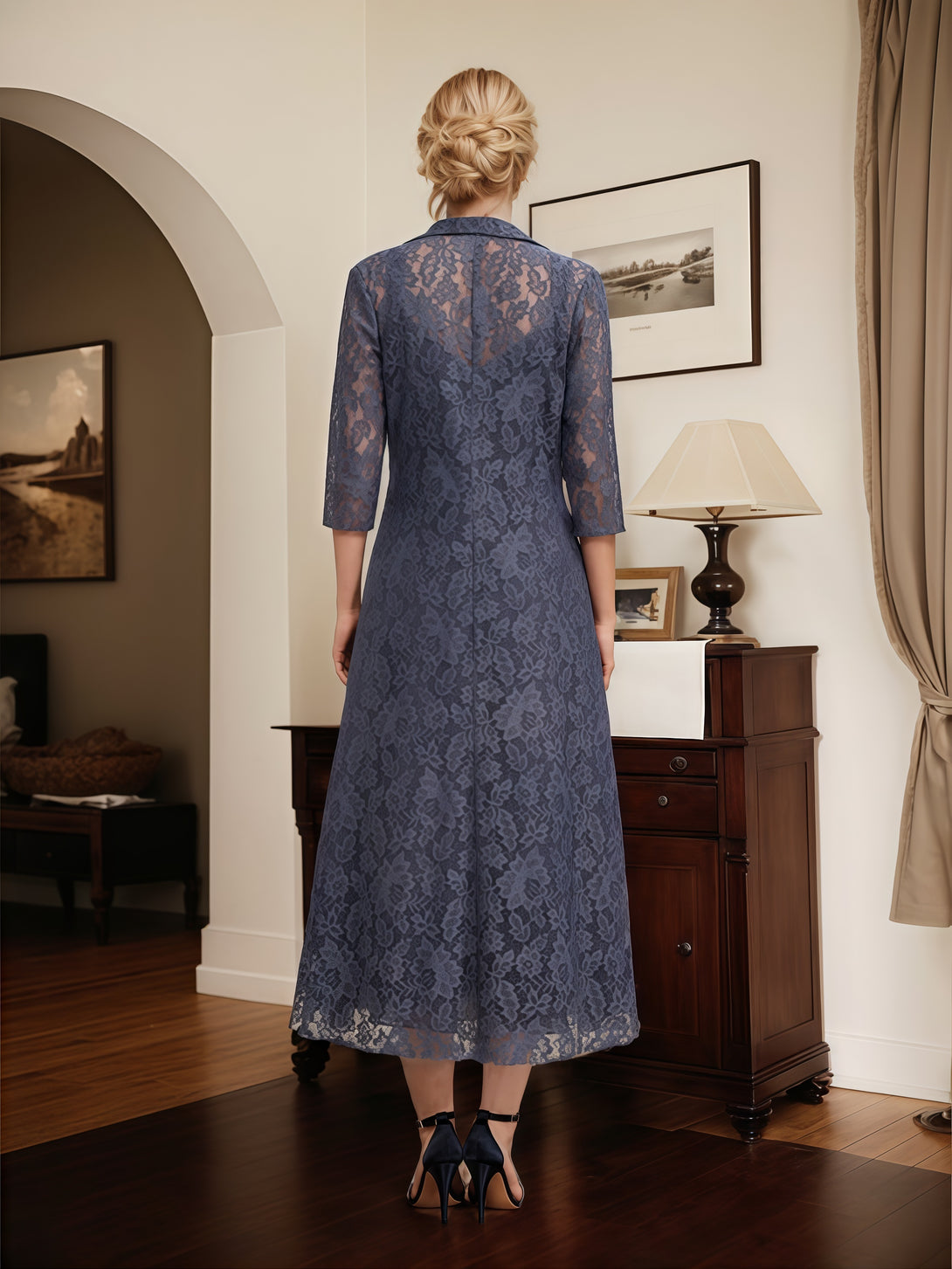 V-Neck A-Line Illusion 3/4 Sleeve Tea-Length Chiffon/Lace Mother of the Bride Dress With Lace Jacket/Beads BabaMila
