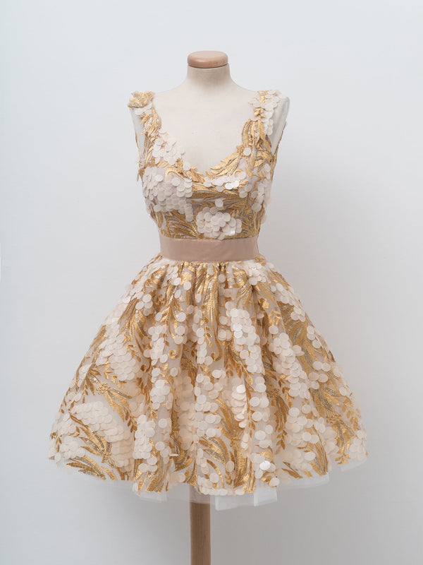 Sparkly Homecoming Dresses V-neck Aline Gold Lace Short Prom Dress Party Dress Homecoming Dress BabaMila