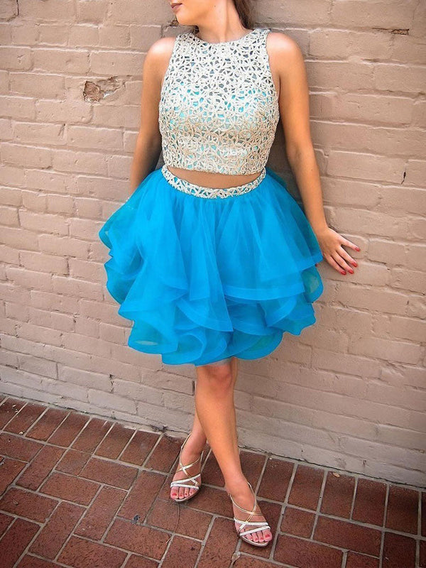Two Piece Homecoming Dresses A-line Lace Blue Short Prom Dress Fashion Party Dress Homecoming Dress BabaMila