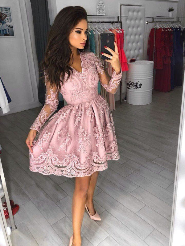 Long Sleeve Homecoming Dresses A Line V-neck Pink Short Prom Dress Lace Party Dress Homecoming Dress BabaMila