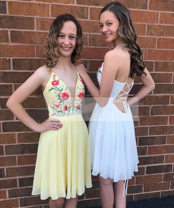 Cute Homecoming Dresses Aline Lace-up Embroidery Short Prom Dress Yellow Party Dress Homecoming Dress BabaMila