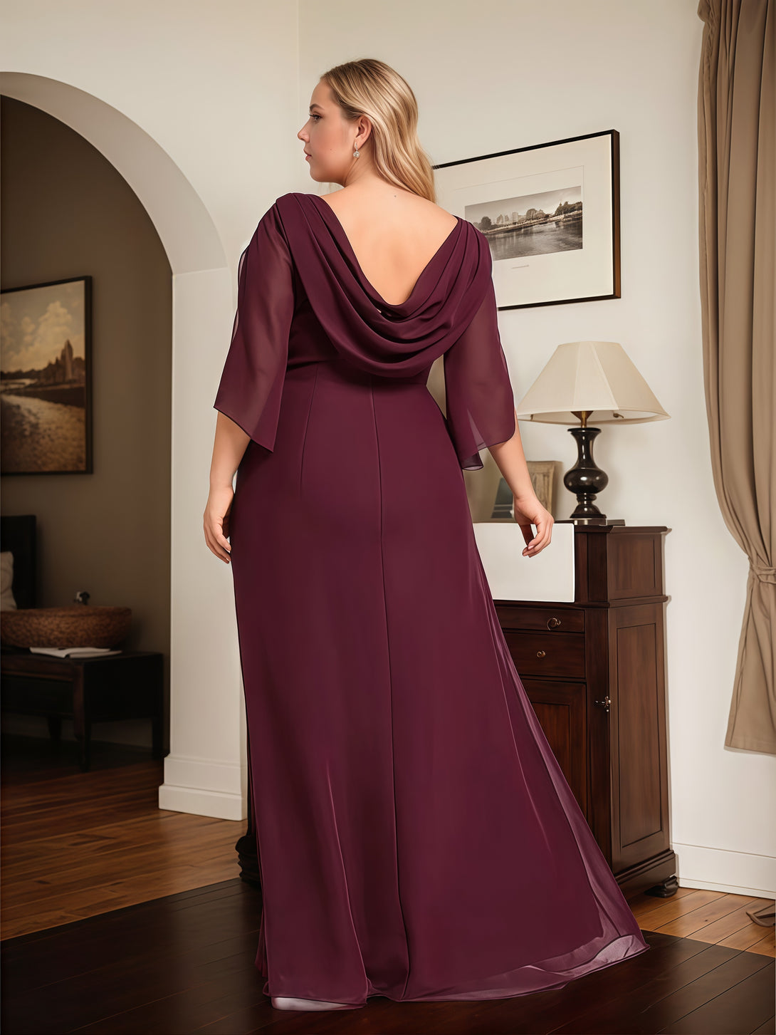 Sheath/Column Flutter Straps Boat Neck Floor-Length Chiffon Mother of the Bride Dress With Pleated/Beads BabaMila
