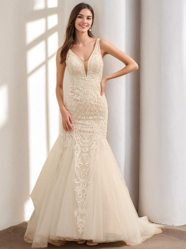 Trumpet/Mermaid V-Neck Sleeveless Tulle Wedding Dresses with Appliques BabaMila