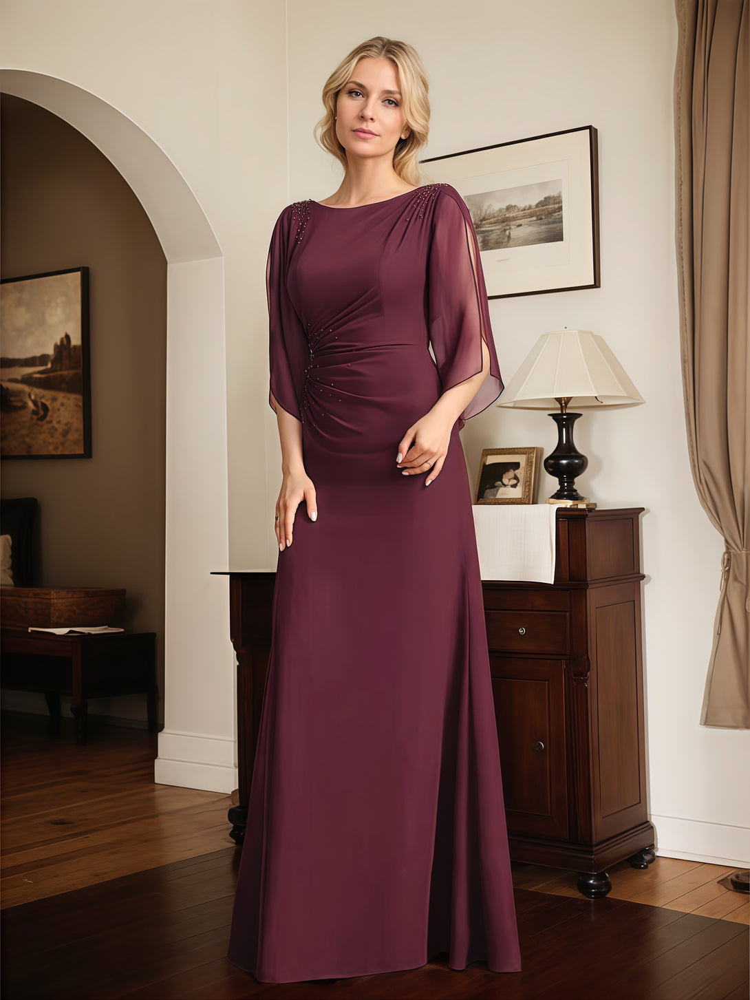 Sheath/Column Flutter Straps Boat Neck Floor-Length Chiffon Mother of the Bride Dress With Pleated/Beads BabaMila