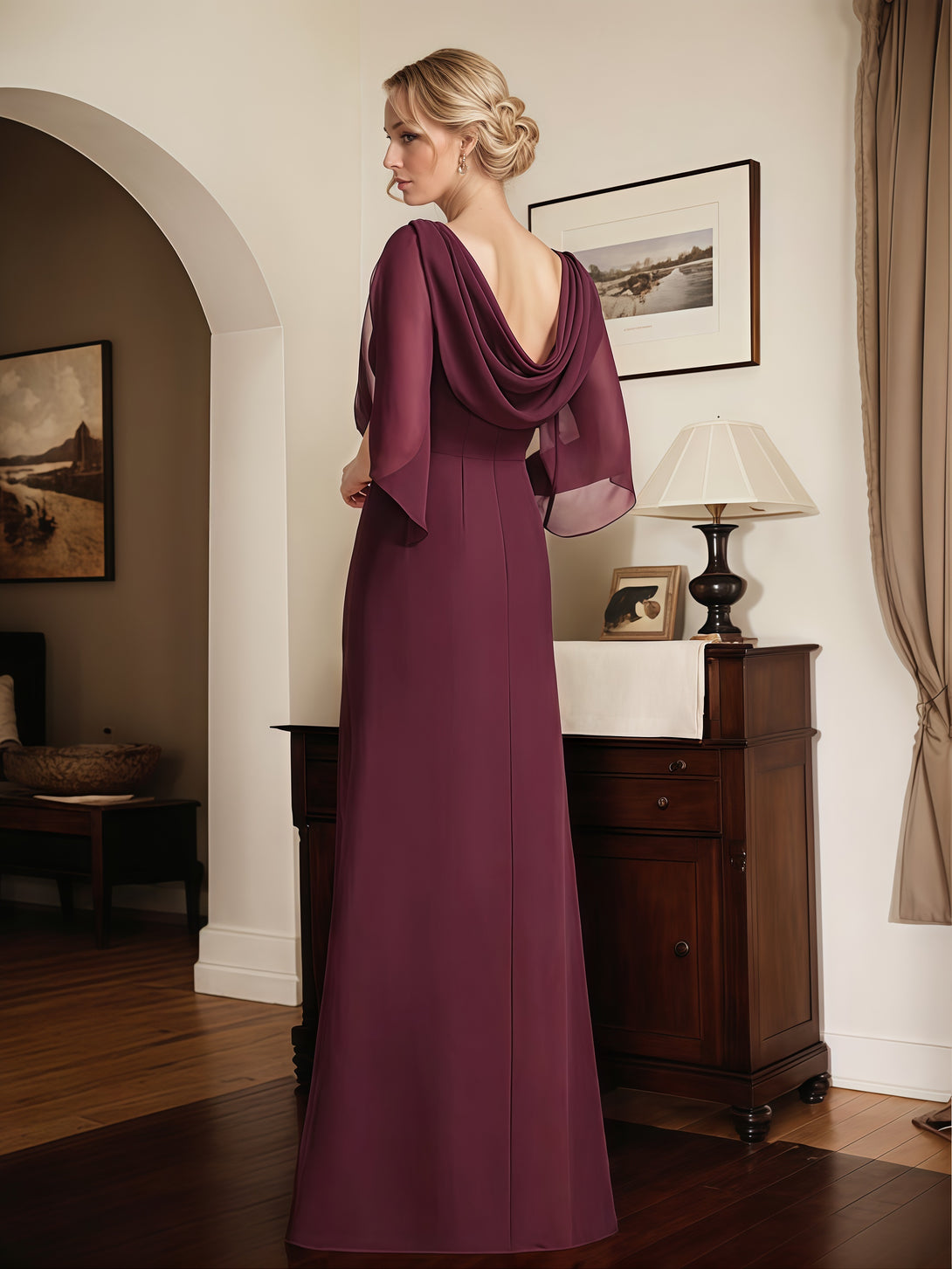 Sheath/Column Flutter Straps Boat Neck Floor-Length Chiffon Mother of the Bride Dress With Pleated/Beads BabaMila