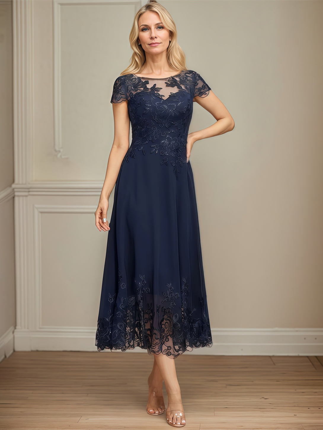 Scoop Neck A-Line Short Sleeve Tea-Length Chiffon/Lace Mother of the Bride Dress With Appliques/Beads BabaMila