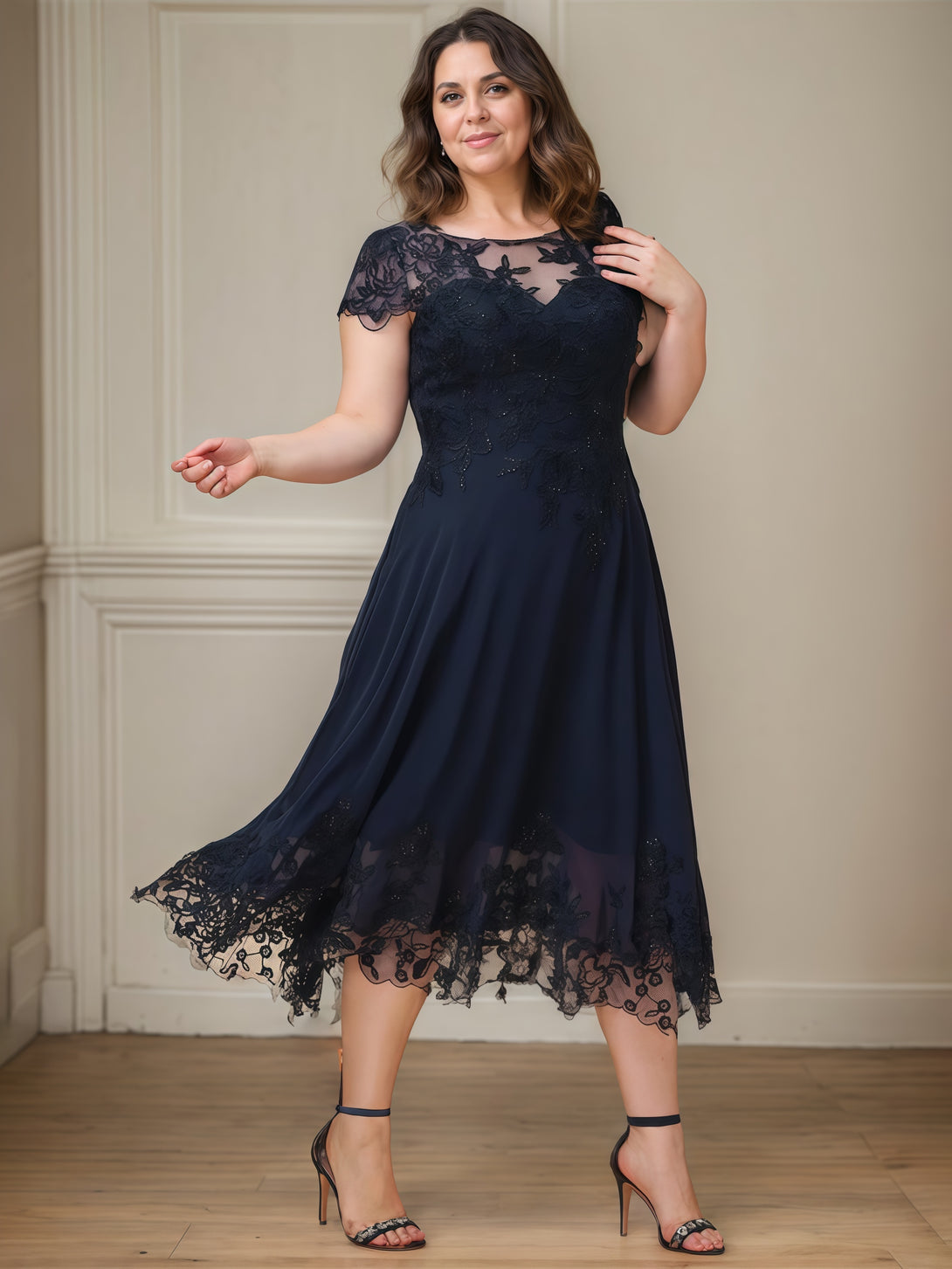 Scoop Neck A-Line Short Sleeve Tea-Length Chiffon/Lace Mother of the Bride Dress With Appliques/Beads BabaMila
