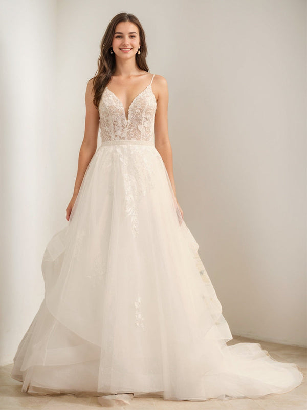 Ball Gown Spaghetti Straps Sleeveless Tulle Wedding Dress with Appliques & Beading BabaMila