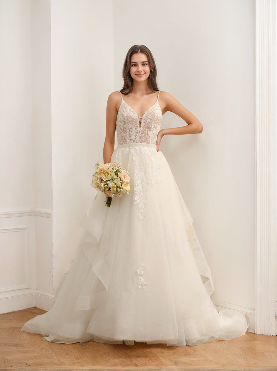 Ball Gown Spaghetti Straps Sleeveless Tulle Wedding Dress with Appliques & Beading BabaMila