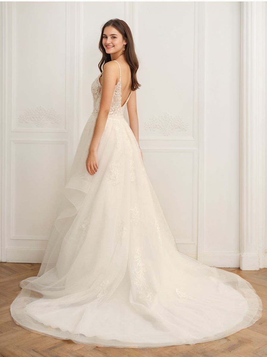 Ball Gown Spaghetti Straps Sleeveless Tulle Wedding Dress with Appliques & Beading BabaMila
