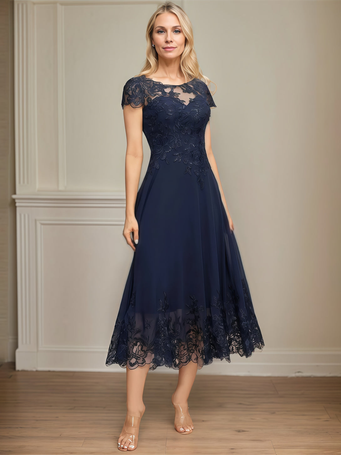 Scoop Neck A-Line Short Sleeve Tea-Length Chiffon/Lace Mother of the Bride Dress With Appliques/Beads BabaMila