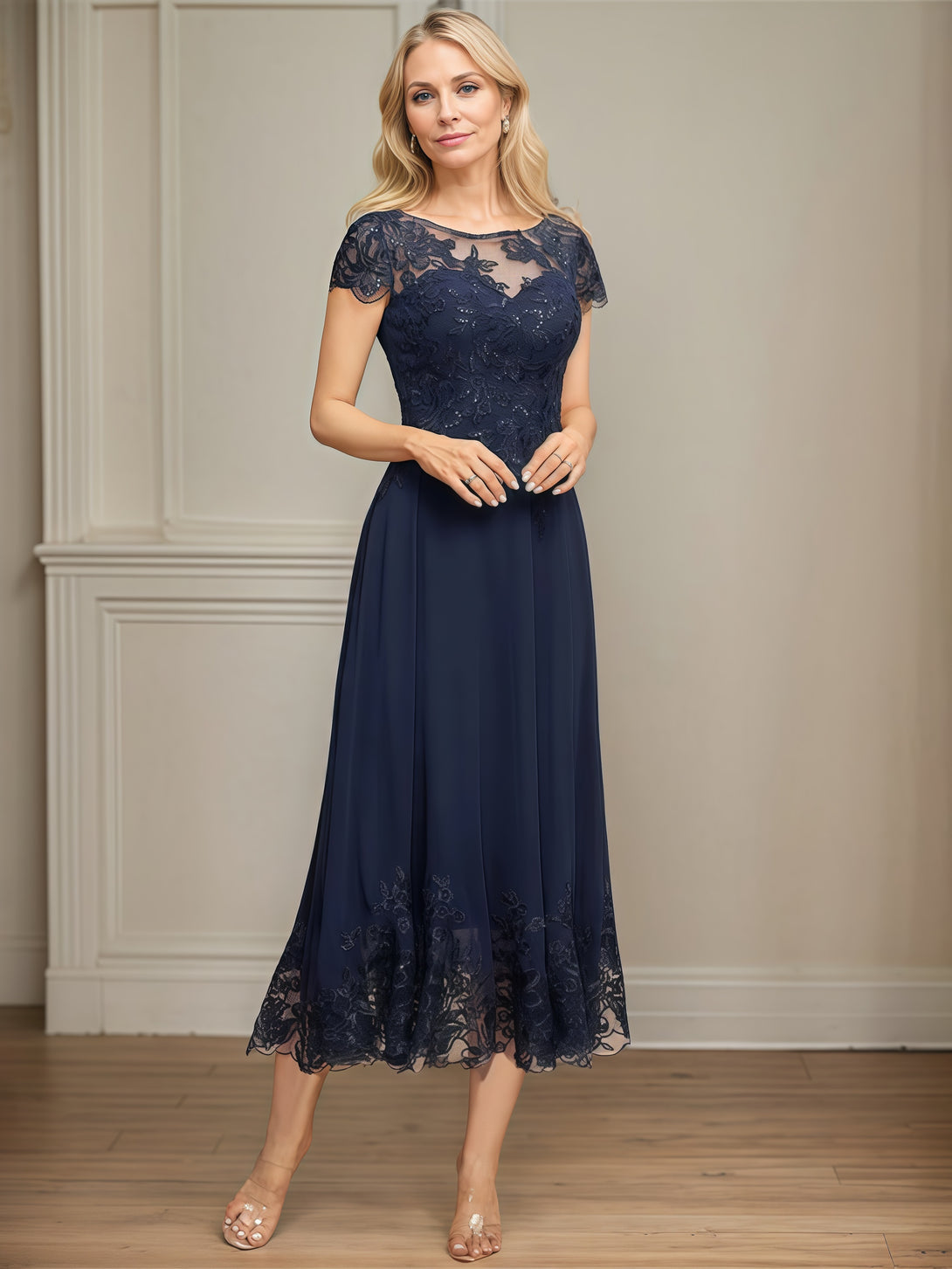 Scoop Neck A-Line Short Sleeve Tea-Length Chiffon/Lace Mother of the Bride Dress With Appliques/Beads BabaMila