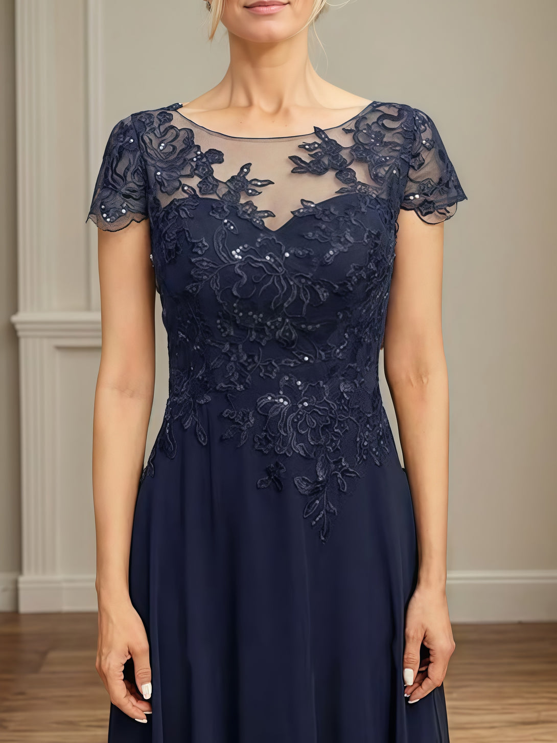 Scoop Neck A-Line Short Sleeve Tea-Length Chiffon/Lace Mother of the Bride Dress With Appliques/Beads BabaMila