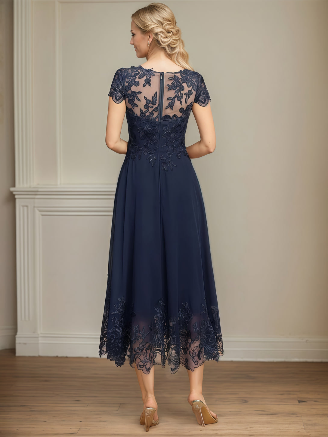 Scoop Neck A-Line Short Sleeve Tea-Length Chiffon/Lace Mother of the Bride Dress With Appliques/Beads BabaMila