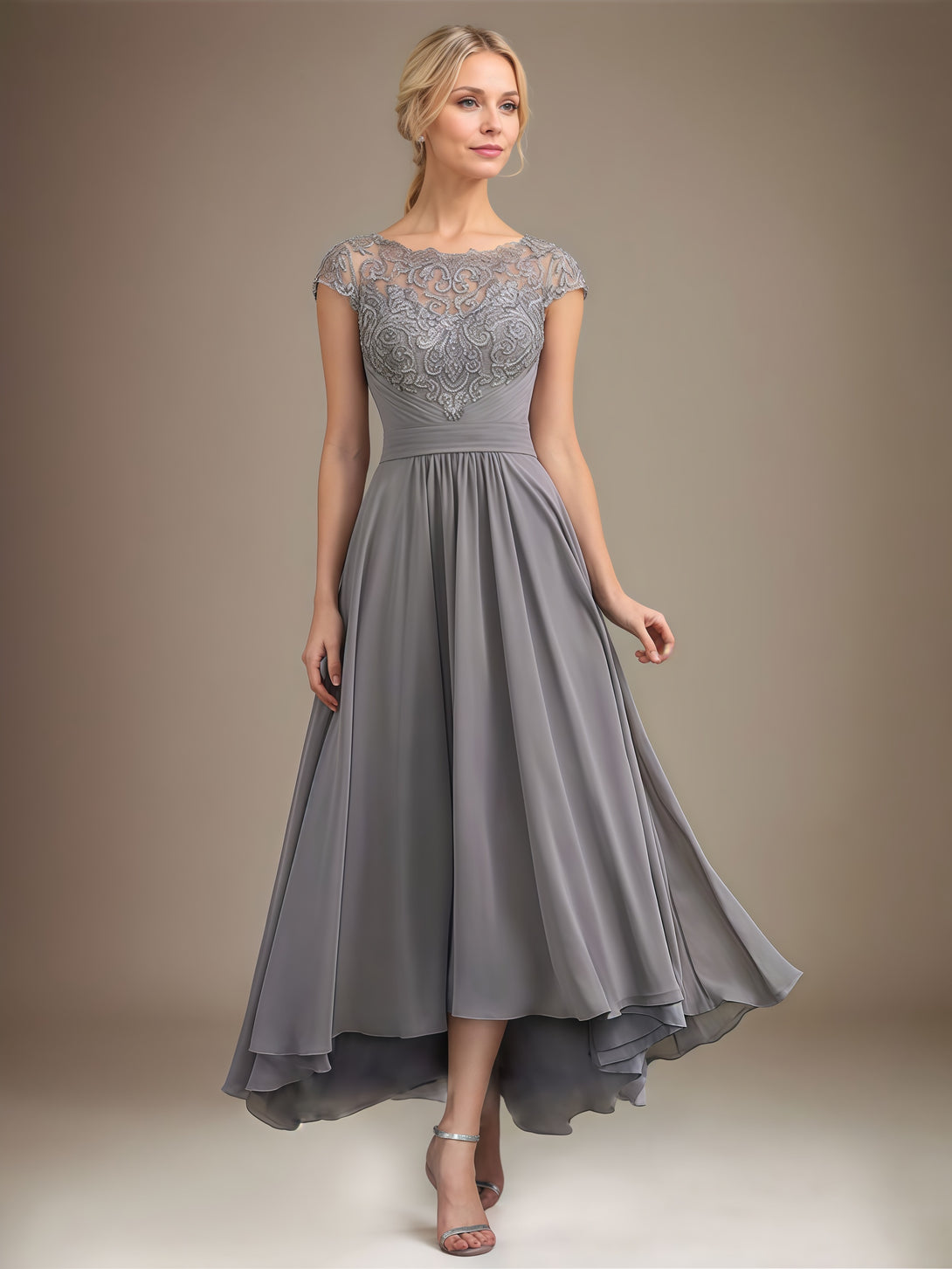 Scoop Neck A-Line Short Sleeve Illusion Asymmetrical Chiffon/Lace Mother of the Bride Dress With Appliques/Pleated/Belt BabaMila