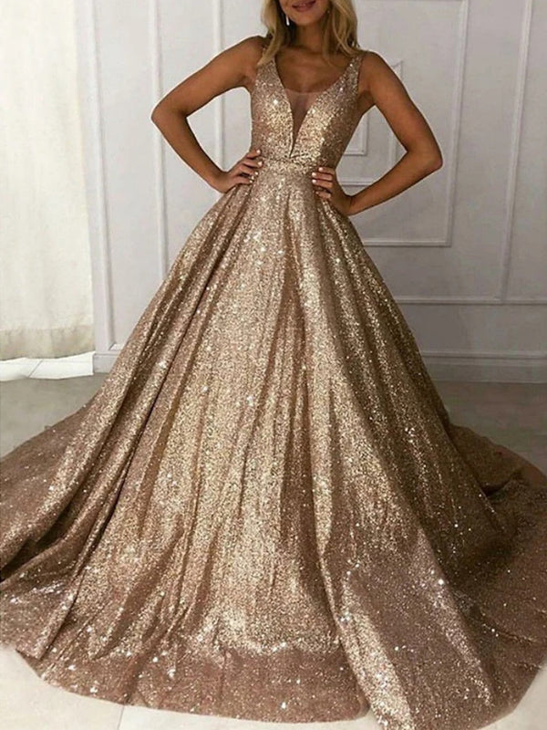 A-Line/Princess V-Neck Sleeveless Long Prom Dresses With Sequins BabaMila