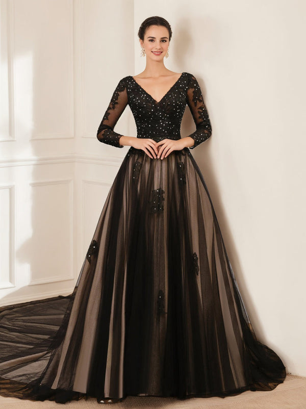 A-Line/Princess V-Neck Long Sleeves Tulle Wedding Dress with Appliques & Beading BabaMila