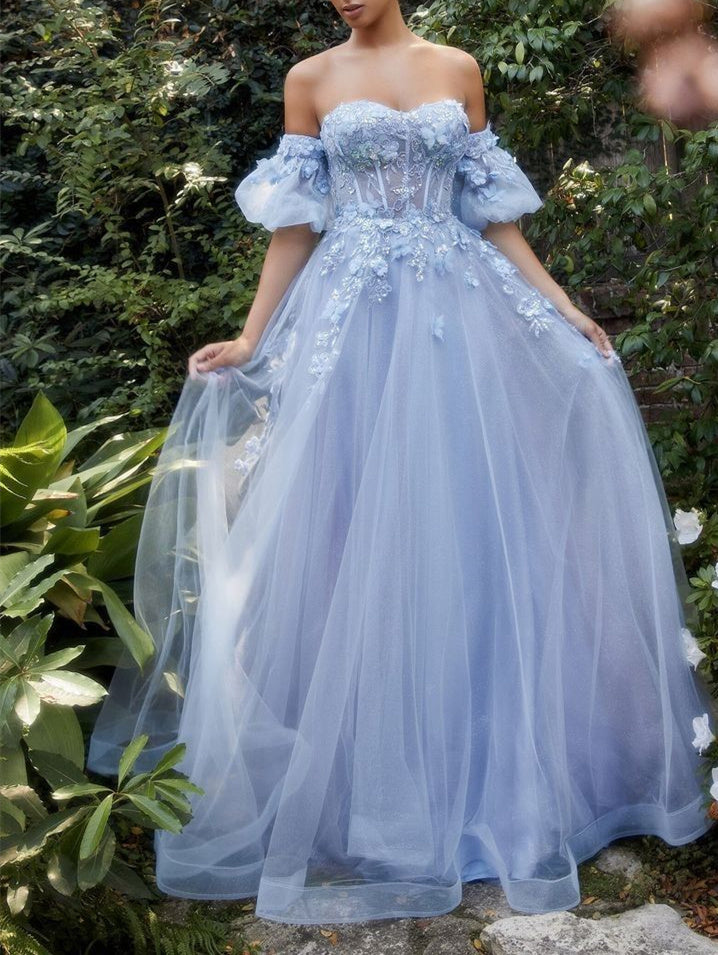 A-Line/Princess Sweetheart Removable Short Sleeves Floor-length Long Prom Dresses With Flowers BabaMila