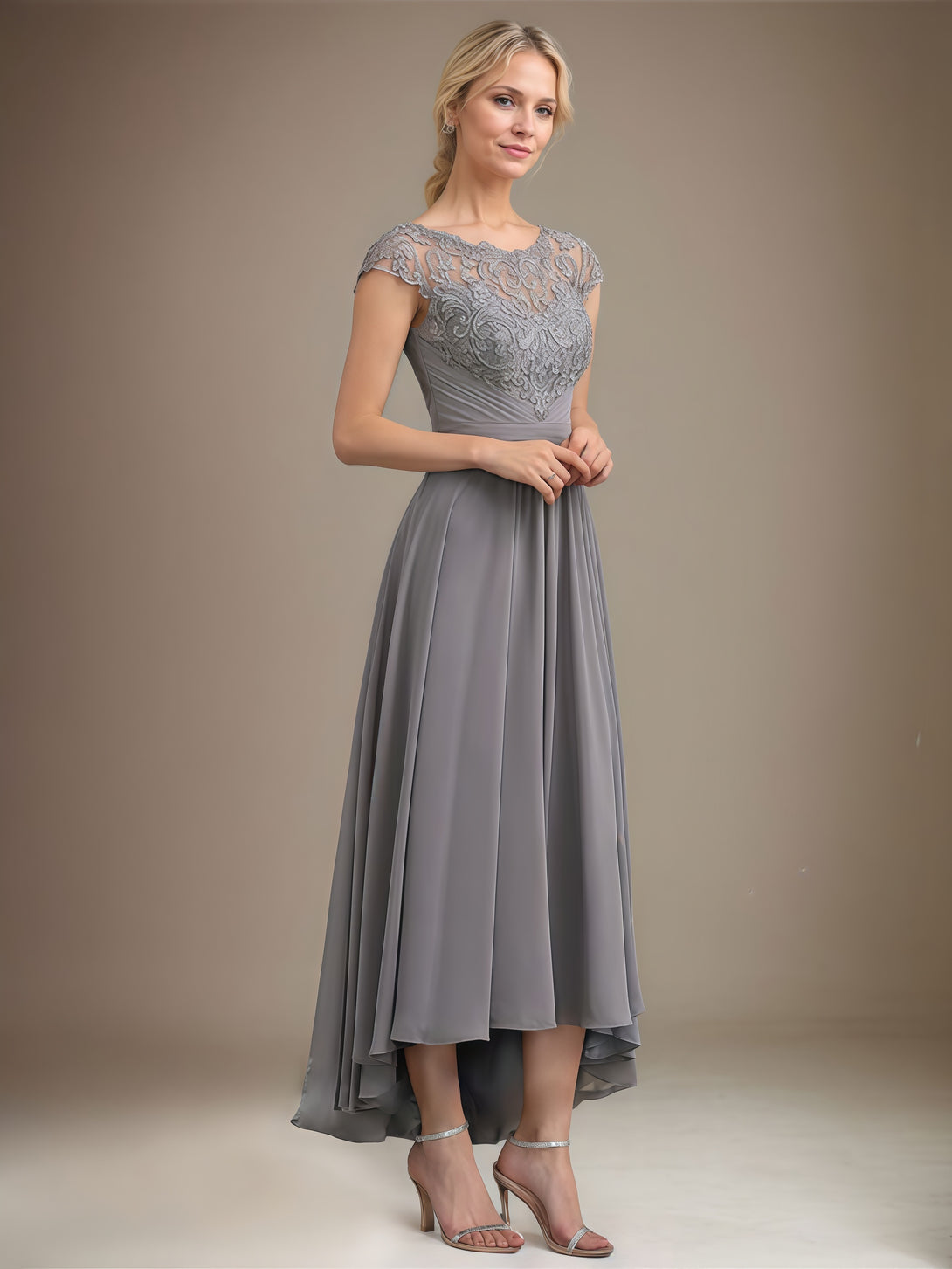Scoop Neck A-Line Short Sleeve Illusion Asymmetrical Chiffon/Lace Mother of the Bride Dress With Appliques/Pleated/Belt BabaMila
