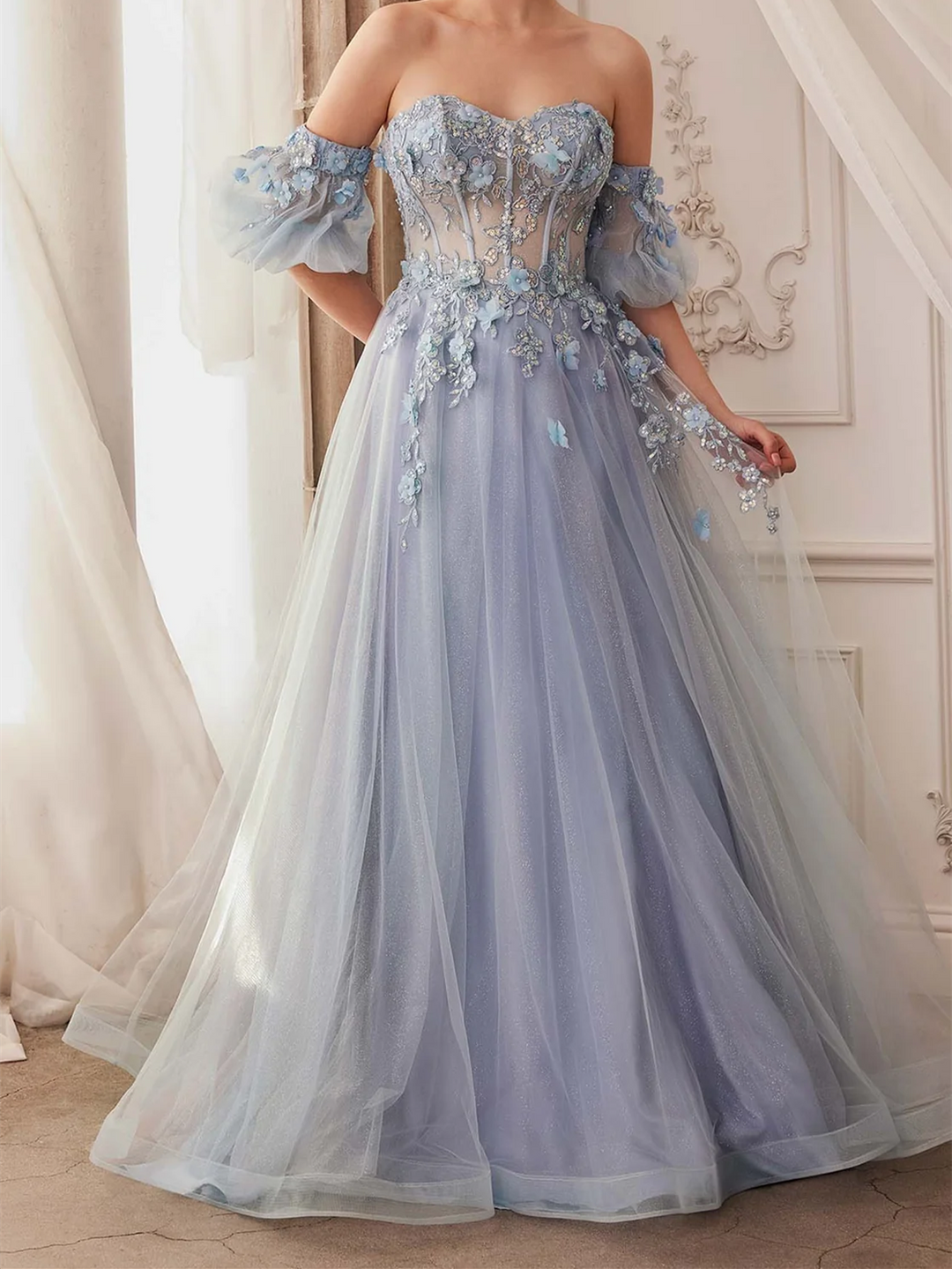A-Line/Princess Sweetheart Removable Short Sleeves Floor-length Long Prom Dresses With Flowers BabaMila