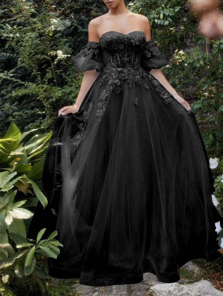 A-Line/Princess Sweetheart Removable Short Sleeves Floor-length Long Prom Dresses With Flowers BabaMila