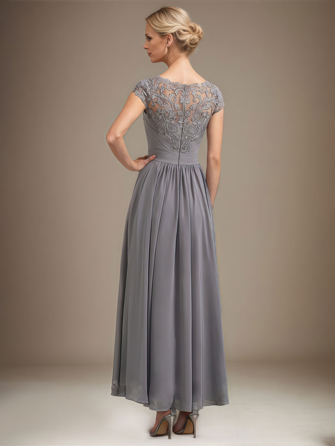 Scoop Neck A-Line Short Sleeve Illusion Asymmetrical Chiffon/Lace Mother of the Bride Dress With Appliques/Pleated/Belt BabaMila