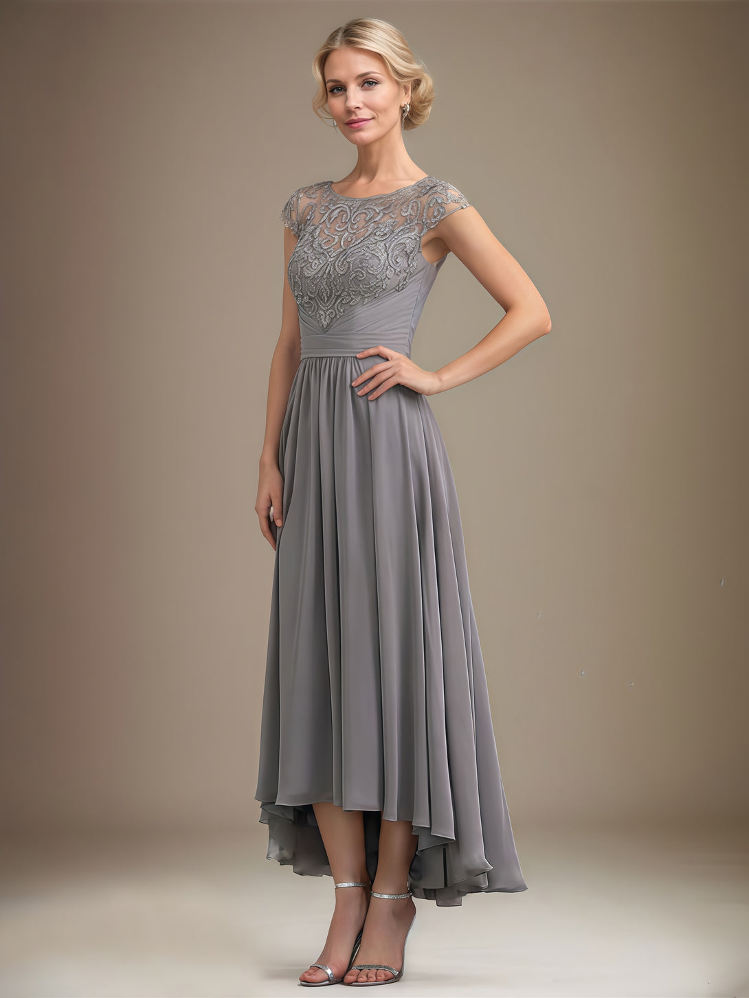 Scoop Neck A-Line Short Sleeve Illusion Asymmetrical Chiffon/Lace Mother of the Bride Dress With Appliques/Pleated/Belt BabaMila