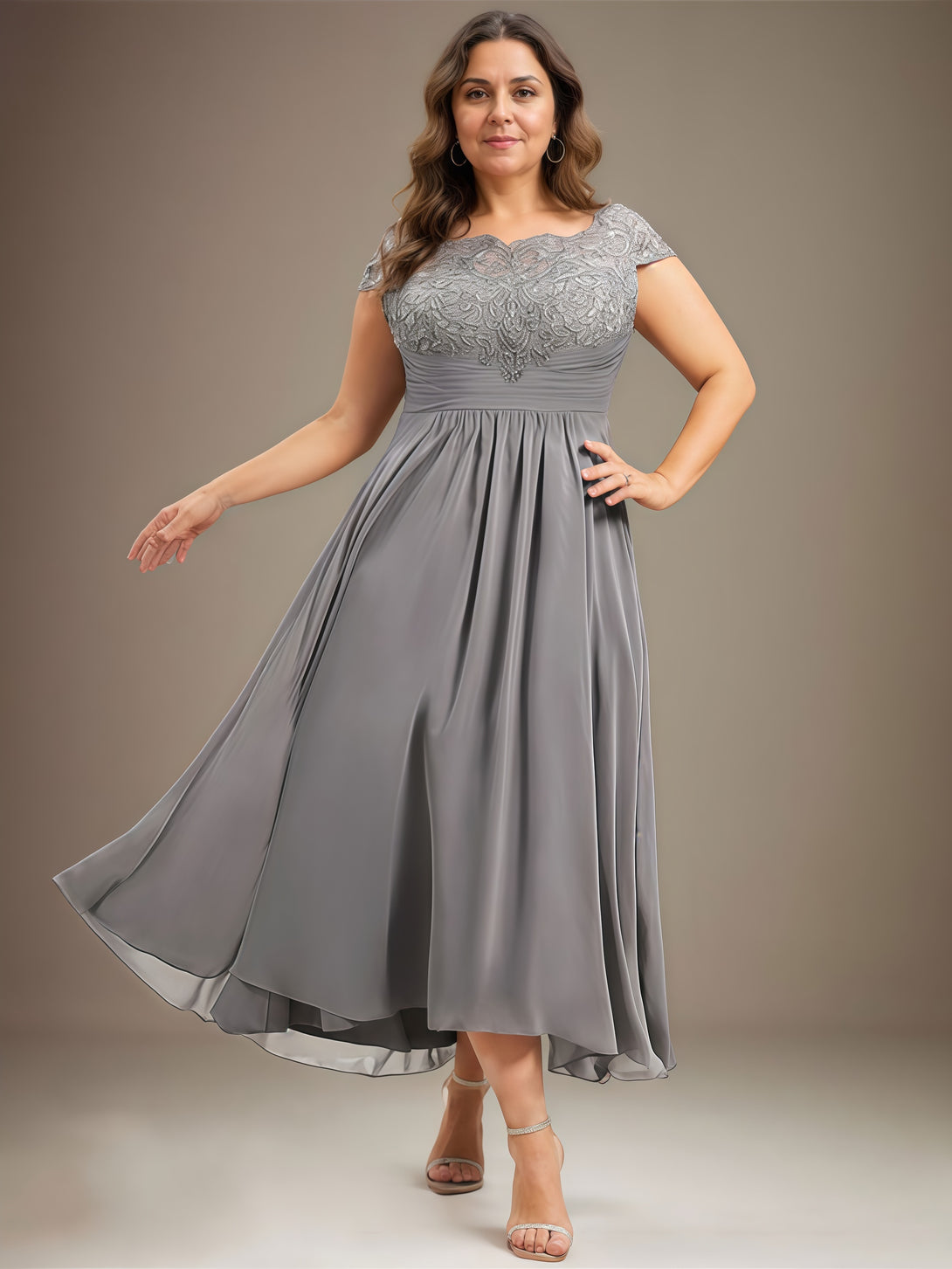Scoop Neck A-Line Short Sleeve Illusion Asymmetrical Chiffon/Lace Mother of the Bride Dress With Appliques/Pleated/Belt BabaMila