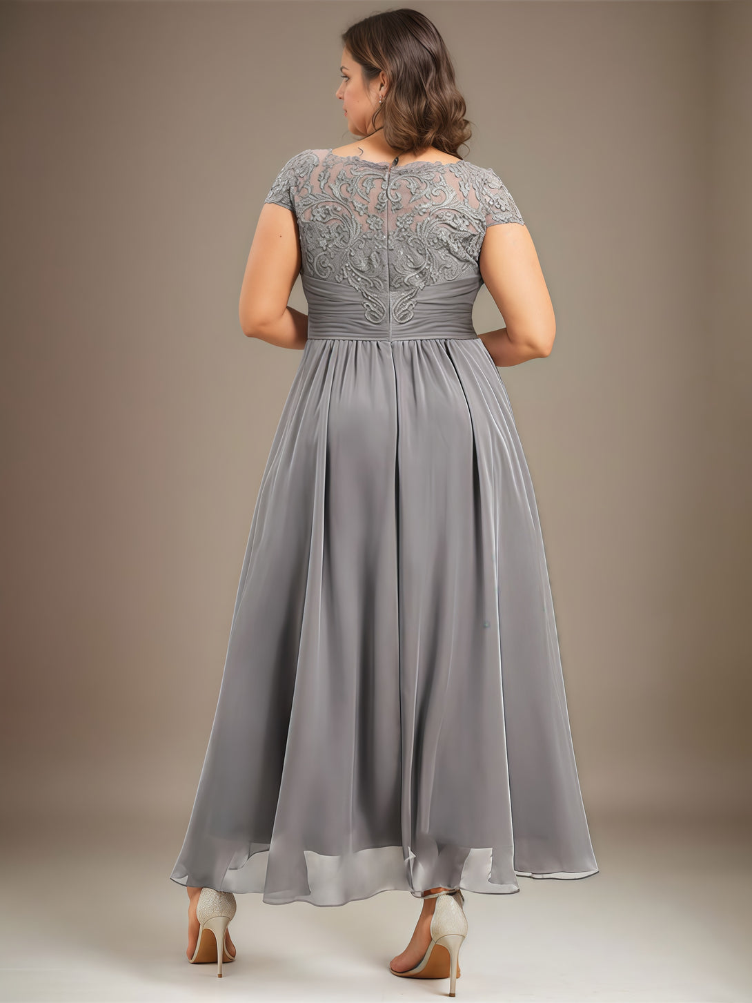 Scoop Neck A-Line Short Sleeve Illusion Asymmetrical Chiffon/Lace Mother of the Bride Dress With Appliques/Pleated/Belt BabaMila