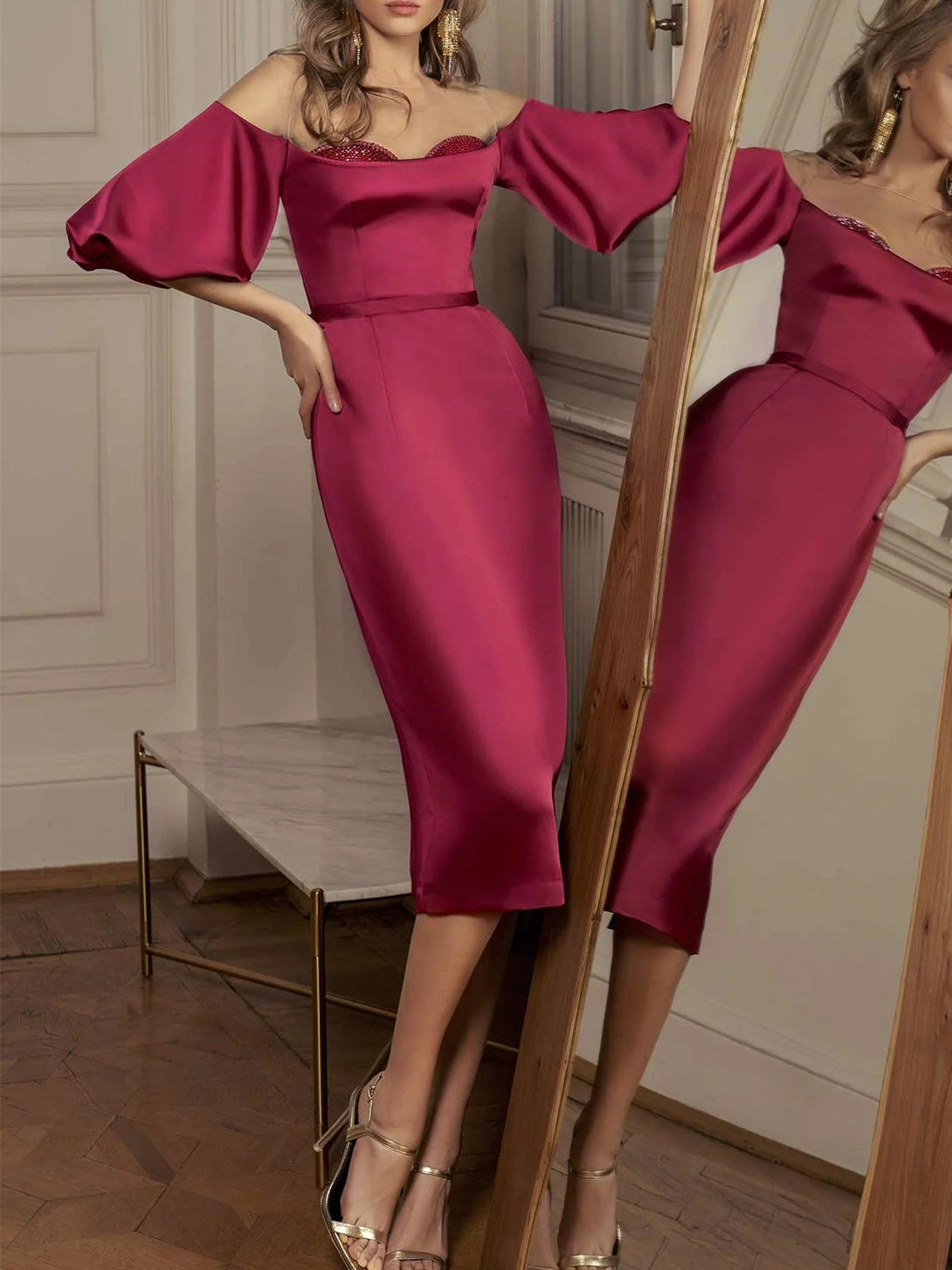 Sheath/Column Straight Neckline Half Sleeves Knee-Length Cocktail Dresses With Embellished Cups BabaMila