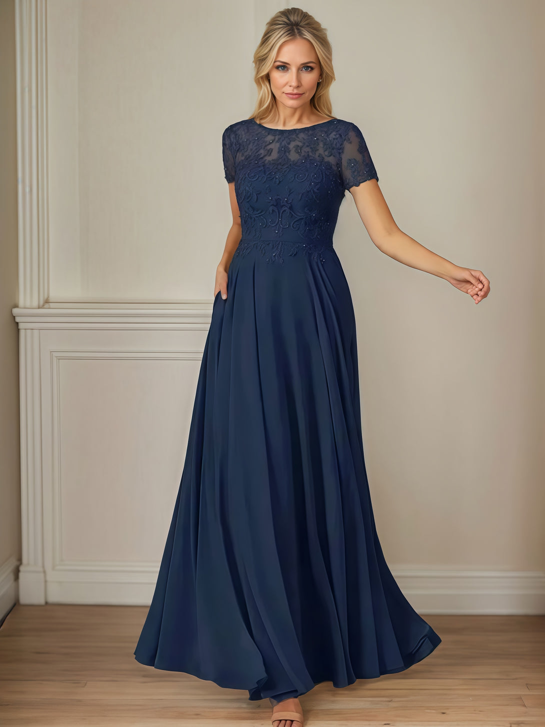 Scoop Neck A-Line Illusion Short Sleeve Floor-Length Chiffon/Lace Mother of the Bride Dress With Appliques/Beads BabaMila
