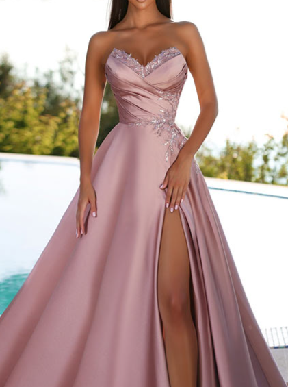 A-Line/Princess Strapless Floor-Length Prom Floral Dresses With Split Side/Pleated/Beads BabaMila