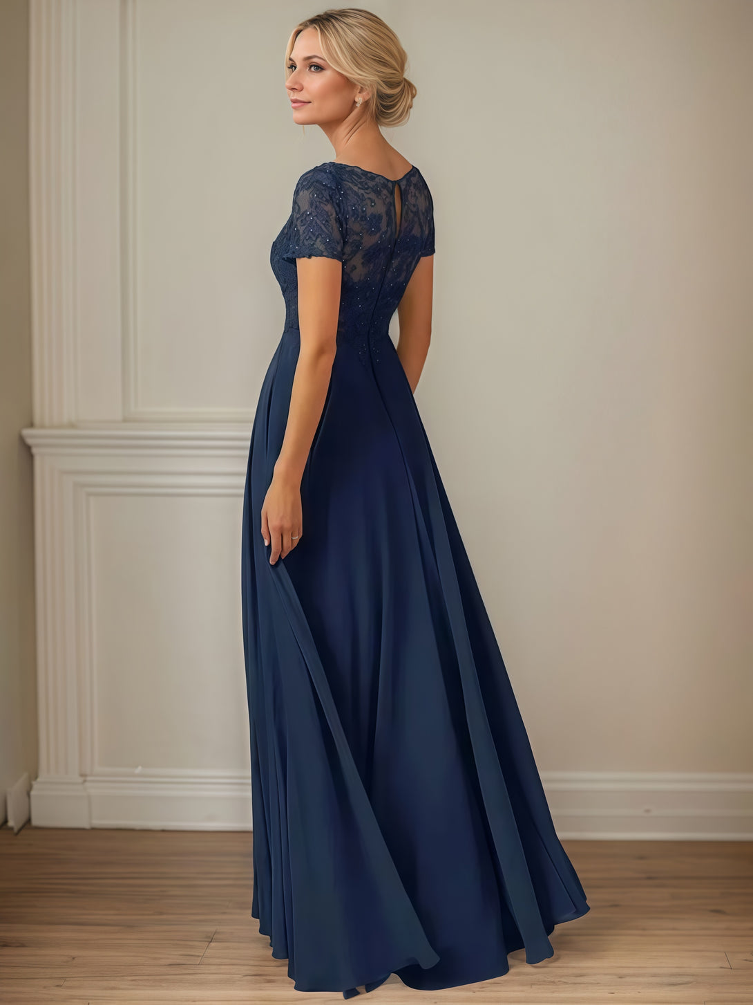 Scoop Neck A-Line Illusion Short Sleeve Floor-Length Chiffon/Lace Mother of the Bride Dress With Appliques/Beads BabaMila